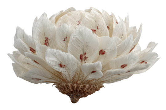 Closeup of a unique white feather flower with red spots on transparent background