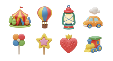 3D Cartoon Icons of Circus Tent Hot Air Balloon Lantern Car and Toys graphic design isolated on a transparent background