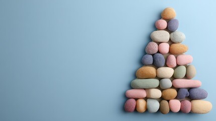 A collection of smooth, rounded stones is carefully arranged to form a triangular Christmas tree shape. The stones vary in color ? shades of pink, orange, yellow, brown, green, and purple ?