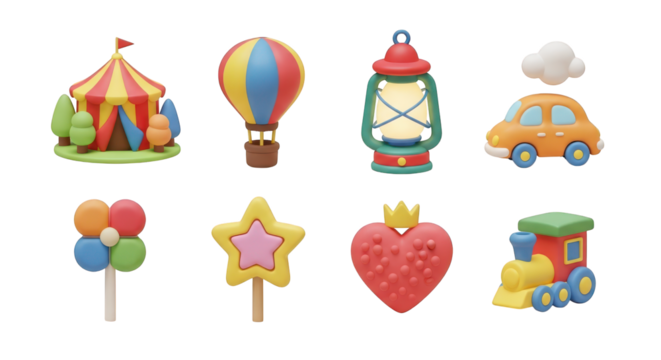 3D Cartoon Icons of Circus Tent Hot Air Balloon Lantern Car and Toys graphic design isolated on a transparent background