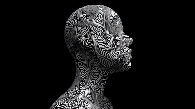 A stark, black and white 3D head sculpture dominates the frame, presented in a profile view. The sculpture?s surface is intricately covered in swirling,
