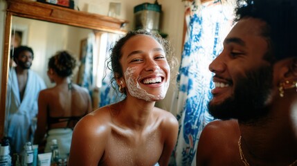 A joyful couple shares a skincare moment in a bright bathroom, showcasing happiness and intimacy. The woman smiles with a facial mask while the man admires her.