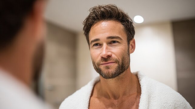 A man with a beard and short hair gazes at his reflection in a modern bathroom. The atmosphere is calm and introspective, ideal for wellness themes.