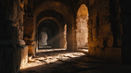 A long, dark stone corridor stretches into the distance, illuminated by a single shaft of sunlight piercing through an arched opening. 