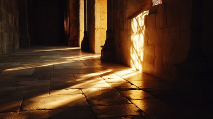 A dramatic photograph captures a long, dimly lit corridor within an ancient stone building. Warm, golden sunlight streams through a high window, casting long, 