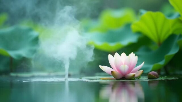 Water flows, smoke floats in, lotus flowers, blurred green leaf background and lake