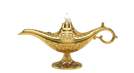 Ornate Golden Aladdin Magic Lamp with Intricate Designs genie isolated on a transparent background