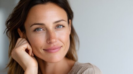 Naklejka premium A close-up portrait of a smiling woman with clear skin and relaxed demeanor, showcasing natural beauty and confidence in a neutral setting.