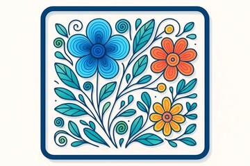 Colorful floral illustration with blue, orange, and yellow flowers and green leaves on white background in decorative style, hobby art concept. Ai generative