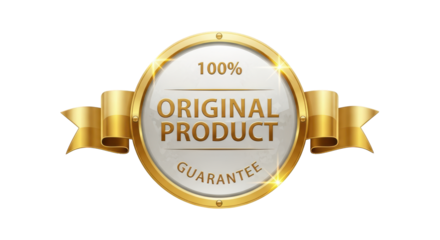 100 Percent Original Product Guarantee Emblem with Gold Ribbon graphic design isolated on a transparent background