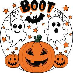 Spooky halloween scene with jack o lanterns and ghosts