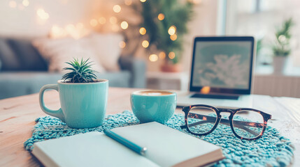 Inviting and productive home workspace featuring laptop, succulent plant, latte, open notebook, and stylish glasses on textured mat, creating cozy atmosphere with warm bokeh lights