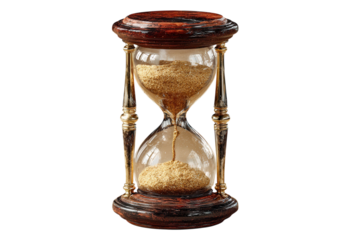 Ornate wooden and glass hourglass with golden sand measures the passage of time on transparent background