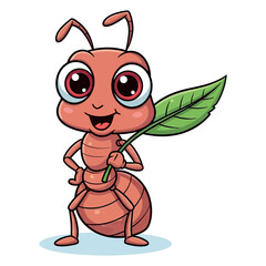 Cute cartoon ant character holding a green leaf with big eyes and a happy smile vector
