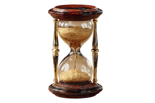 Ornate wooden and glass hourglass with golden sand measures the passage of time on transparent background