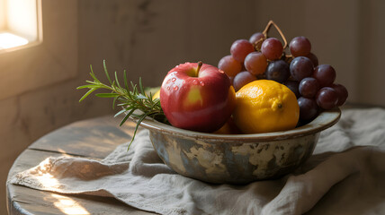 Rustic still life showing fresh fruit in antique bowl © Sergej