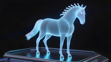 Glowing neon horse statue exhibiting futuristic design