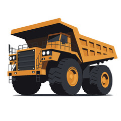 Obraz premium A clean flat illustration depicting a large, stylized quarry truck viewed from below, showcasing its simple forms isolated on a pristine white background.