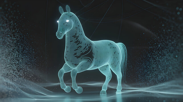 Futuristic hologram horse walking in digital environment - Powered by Adobe