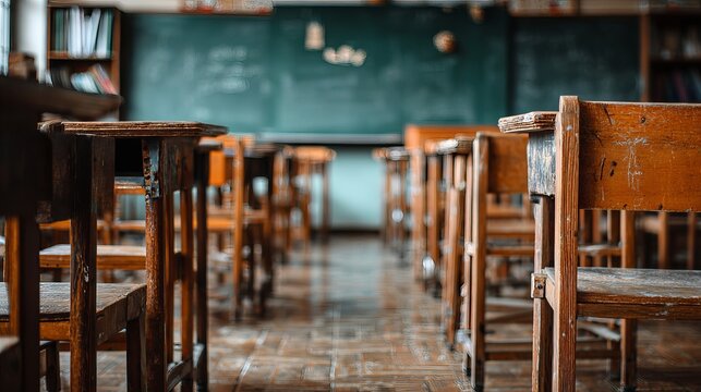 Vintage classroom with wooden desks and chairs, evoking nostalgia and learning memories