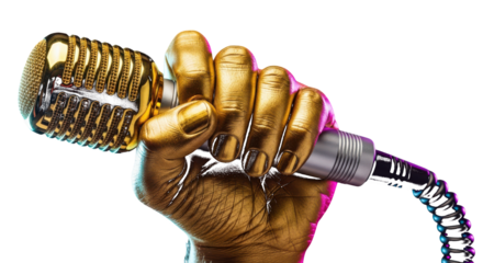 Hand Painted Gold Holding Vintage Microphone with Colorful Lighting graphic design isolated on a transparent background