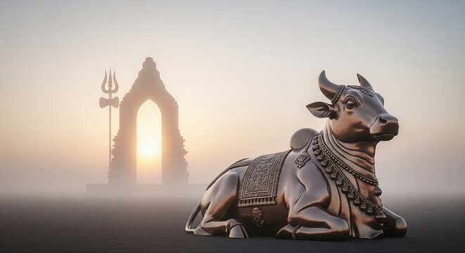 Sacred Nandi bull statue at dawn representing devotion to Lord Shiva with a mystical temple and trident in a serene spiritual landscape