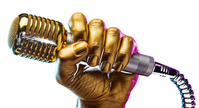 Hand Painted Gold Holding Vintage Microphone with Colorful Lighting graphic design isolated on a transparent background