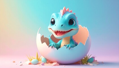 A cute 3D baby dinosaur hatching from a colorful egg, big shiny eyes, friendly smile, soft pastel background with copy space, playful and adorable style.
