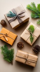 Festive wrapped gifts and pine decorations create a cozy holiday atmosphere on a light surface