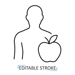 Healthy lifestyle icon with editable stroke. Vector outline of human silhouette with apple symbolizing nutrition, wellness, diet, healthcare, balanced eating, fitness, medical prevention, wellbeing.