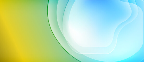 Abstract background features flowing shapes, gradients. Colors transition from yellow, green, blue creating soft visual effect.