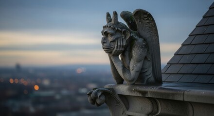 Gargoyle Statue on Gothic Building Roof with City Skyline at Dusk