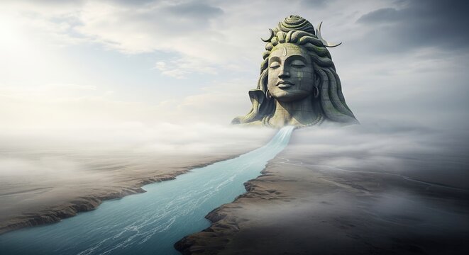 Majestic Lord Shiva Stone Sculpture Channeling Sacred River Through Misty Landscape