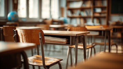 Warm, sunlit classroom with vintage wooden desks and chairs, inspiring learning atmosphere