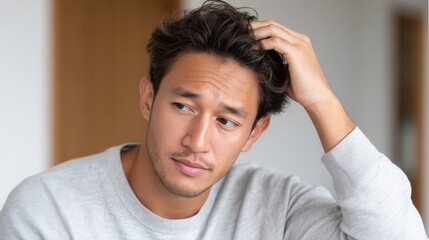 A young man with tousled hair appears thoughtful and contemplative in a modern indoor environment, conveying a sense of introspection and uncertainty.