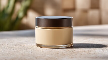 A stylish cream jar placed on a textured stone surface, showcasing a minimalist design. Ideal for beauty and skincare product promotions.