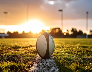 Close-up of a rugby ball on the grass line of a sports field during a warm and serene sunset, representing the end of a game or practice