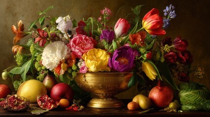 A dramatic still life painting depicts a lavish floral arrangement overflowing from a golden, ornate bowl. The bowl sits on a dark, weathered wooden table, partially obscured by a dark