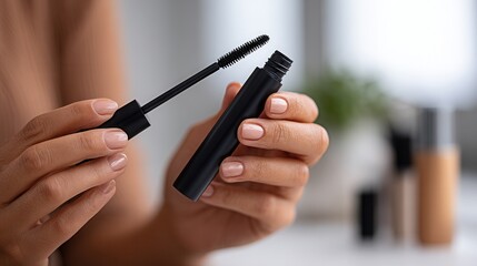 Close-up of a woman holding mascara and applying it, with makeup products in a soft-focus background. Ideal for beauty and cosmetics themes.