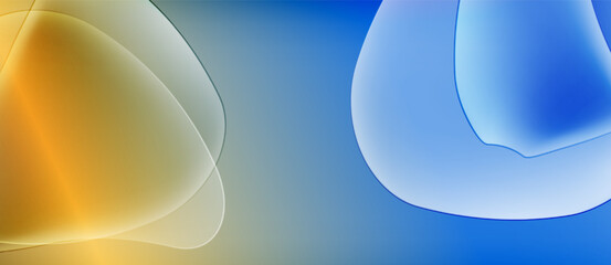 Abstract shapes blend, creating soft gradients. Warm gold meets cool blue, suggesting fluidity, movement, light interaction. Minimalist design.