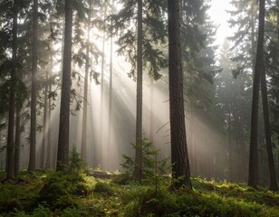 Fototapeta premium Beams of morning sunlight stream through a misty evergreen forest, creating a magical, serene, and hopeful atmosphere