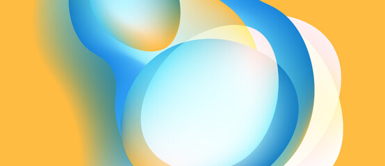 Abstract composition featuring overlapping circles, soft gradients. Warm yellow background complements cool blue hues. Fluidity, motion implied.