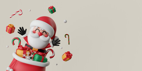 3d illustration banner Christmas theme, Santa Claus with Christmas gift bag