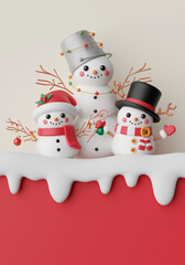 3d illustration of Cute snowman on Christmas postcard