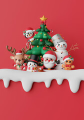 Postcard Christmas theme, Santa Claus, reindeer, snowman, penguin and gingerbread man with Christmas tree on red background, 3d illustration