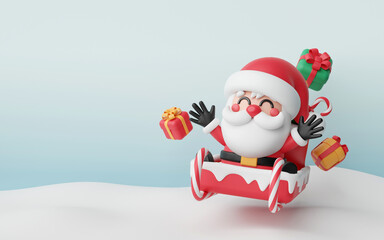 3d illustration, Santa Claus on sleigh with Christmas gift on snowy ground