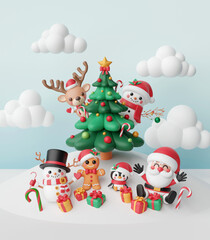 Merry Christmas and Happy new year with Santa Claus, Christmas character, Christmas tree and gift box on snowy ground, 3d illustration