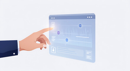Business Hand Touching Futuristic Data Dashboard UI: Digital Analysis, Analytics, and Interactive Technology for Growth and Strategy
