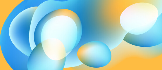 Abstract composition features overlapping circles, gradients. Blue, yellow hues create fluid, modern visual experience. Soft shapes suggest movement.