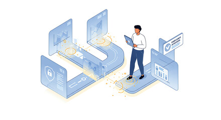 Business Process Management with Data Security and Compliance Audit. Isometric Vector Illustration of Digital Workflow, Analytics, and IT Strategy.